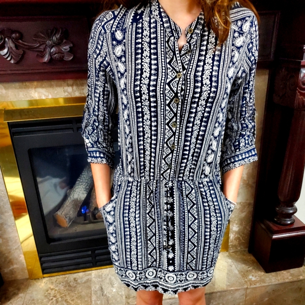 Angie Dress, black & white print, size M, Pockets
